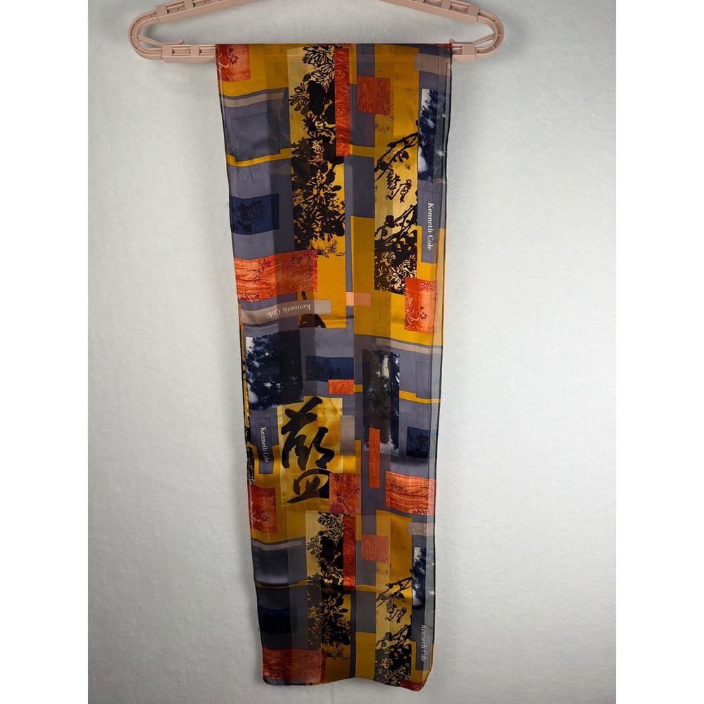 Kenneth Cole Silk Scarf Asian Calligraphy Abstract Art Mustard Gray 10x56